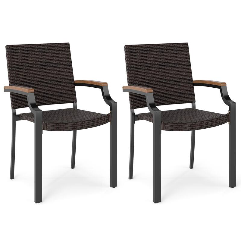 Set of 2 Mix Brown PE Rattan Metal Patio Dining Chairs with Ergonomic Back and Stackable Design - 23" x 22" x 34.5" - Mix Brown
