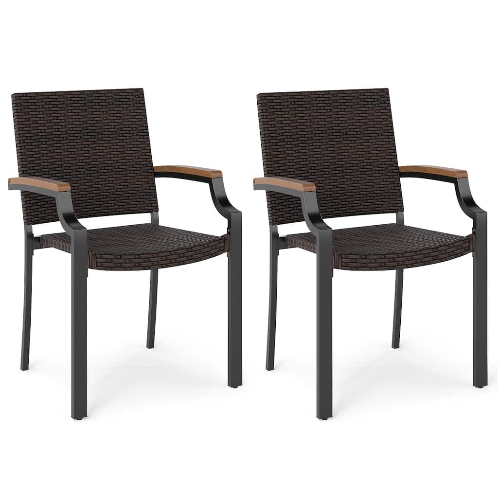 Set of 2 Mix Brown PE Rattan Metal Patio Dining Chairs with Ergonomic Back and Stackable Design - 23" x 22" x 34.5"