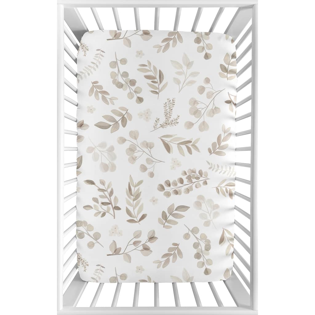 Boho Botanical Leaf Baby Boy Girl Fitted Mini Portable Crib Sheet - Ivory Beige Tan Taupe Woodland Farmhouse Floral Bohemian