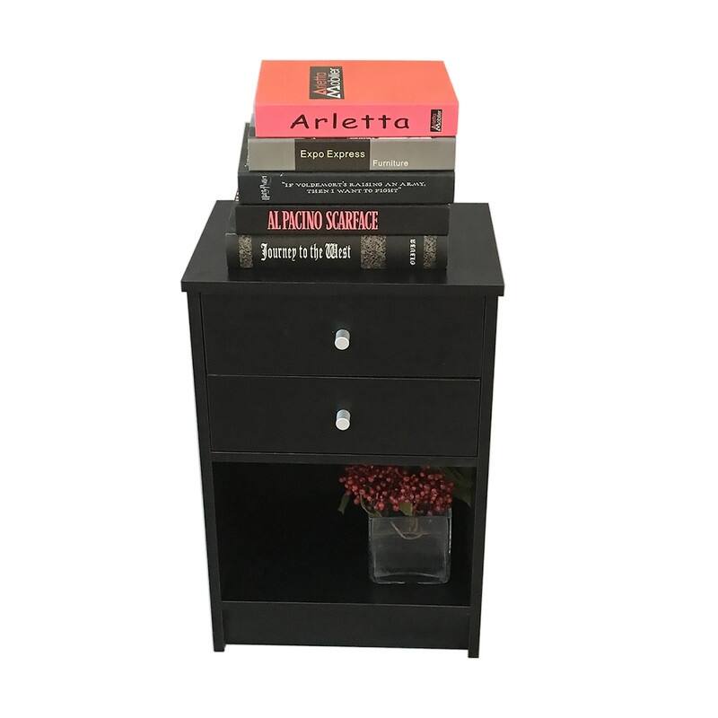 Round Handle Nightstand with Two Drawer Black