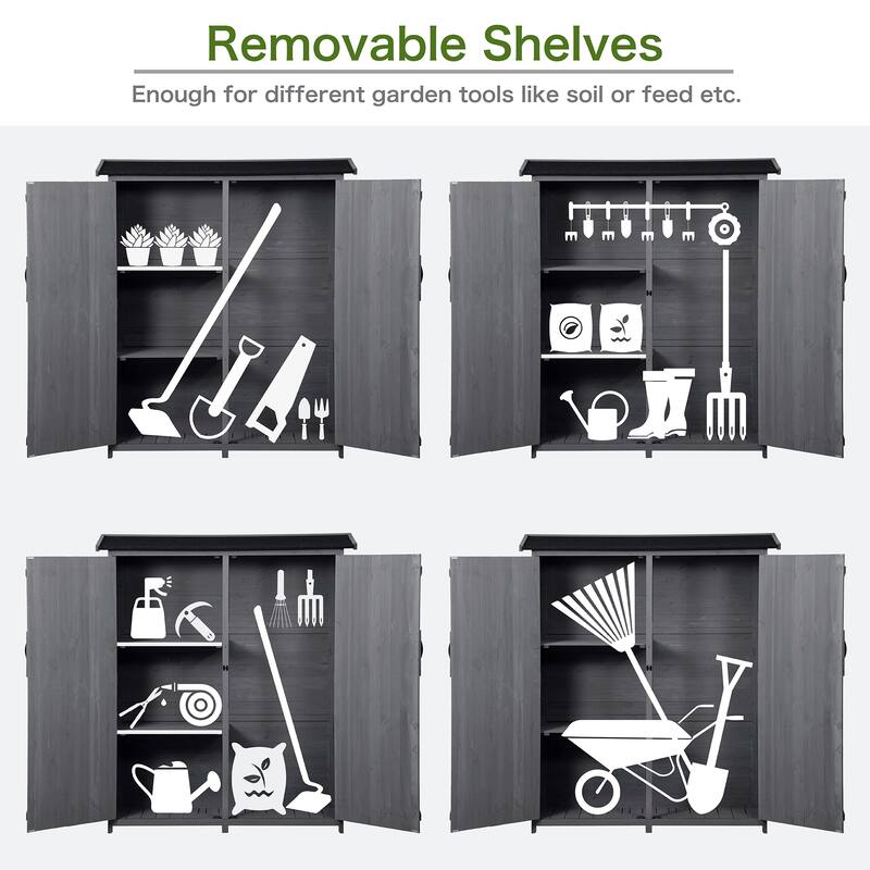 5.3ft Hx4.6ft L Wood Storage Shed Tool Organizer Storage Cabinet with Waterproof Asphalt Roof, Double Doors, 3-tier Shelves