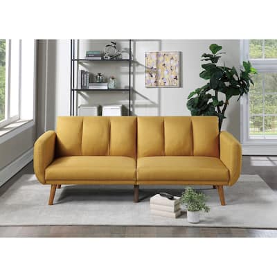 Mustard Color Polyfiber Convertible Sofa with Wooden Legs