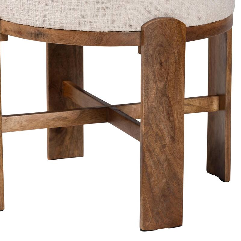 Whitfield Round Fabric Ottoman Stool - Modern Accent Seating or Footstool with Upholstered Cushion and Mango Wood Frame
