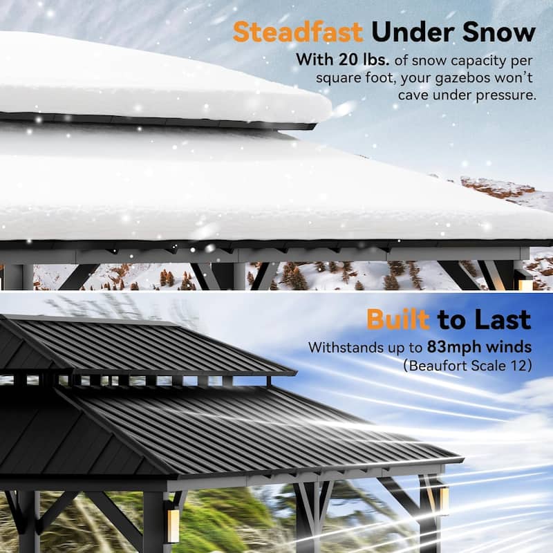 Permanent Hardtop Gazebo 12' x 24' with 4 LED Lights, Outdoor Gazebo with Galvanized Steel Double Roof,Black