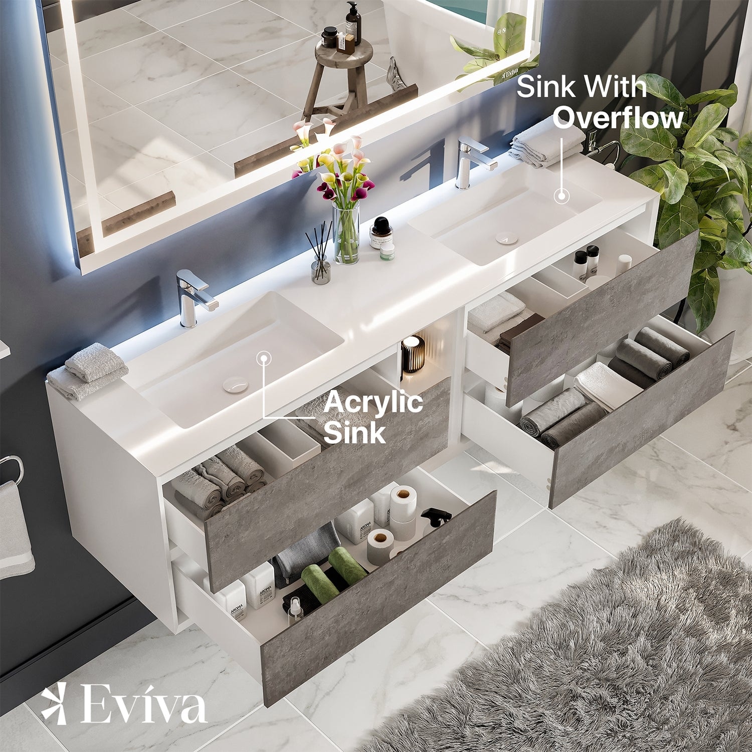 Eviva Surf 57 in. W x 20 in. D x 21.5 in. H Bathroom Vanity in Cement Gray with White Acrylic Top with White Sink