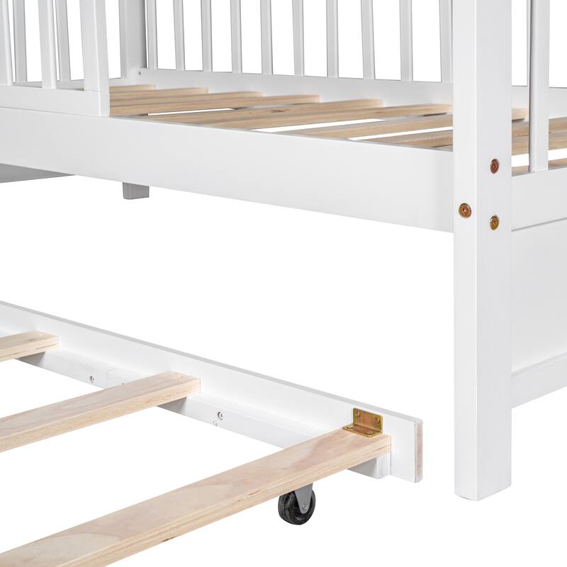Twin Pine House Bed with Trundle, Shelf & Guardrail