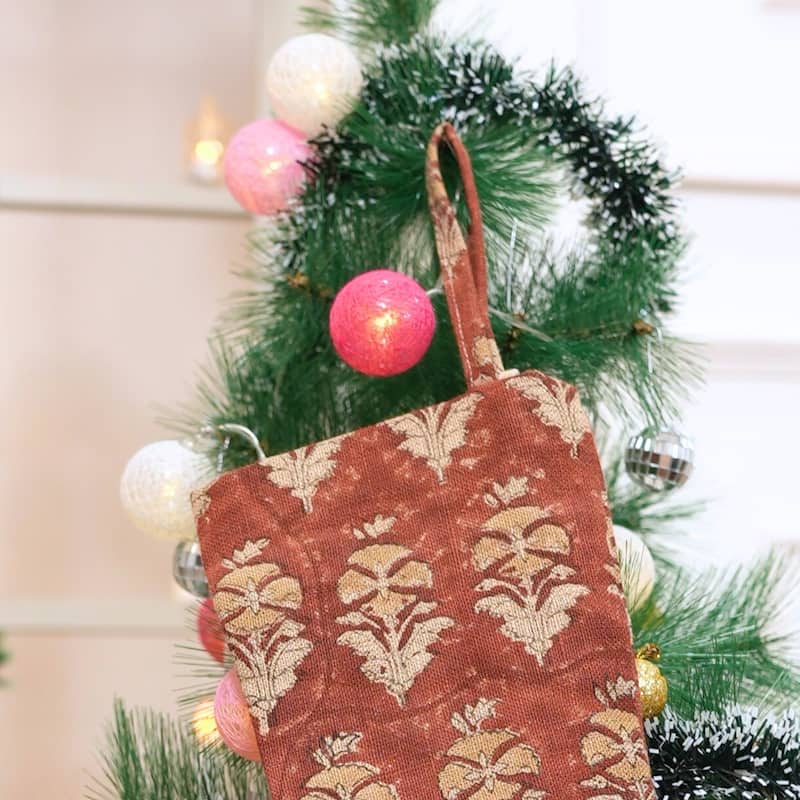 Fabdivine Handmade Christmas Stocking Floral Block Print 10X4.5 Inch Tassel Loop for Home Décor - 10"X4.5" - Mor Mukut- Chocolate Brown, Mustard - Christmas Stockings