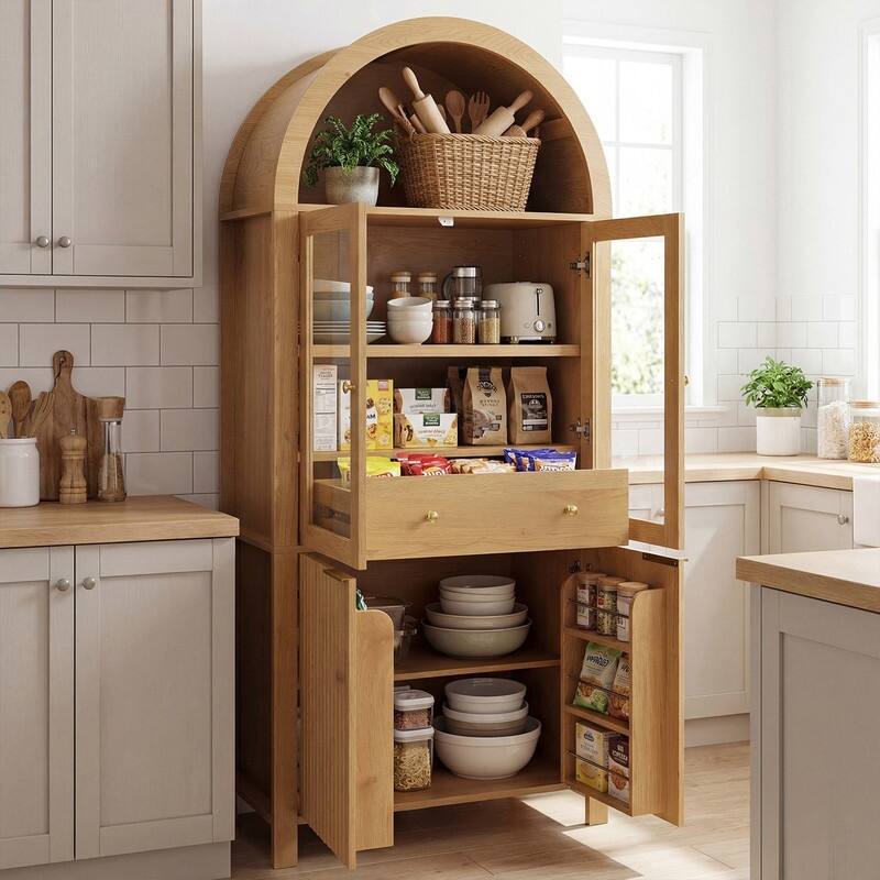 71" Tall Fluted Arched Pantry Cabinet with Glass Doors and Adjustable Shelves for Elegant Kitchen Storage