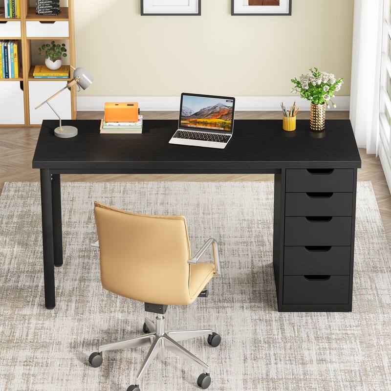 Modern Computer Desk with 5 Reversible Drawers, Storage Home Office Desk, PC/Laptop Desk, Study Writing Table Workstation