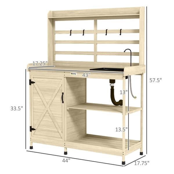 dimension image slide 1 of 3, Outsunny Wooden Potting Bench, Outdoor Potting Table with Storage Cabinet, Storage Shelves, Sink