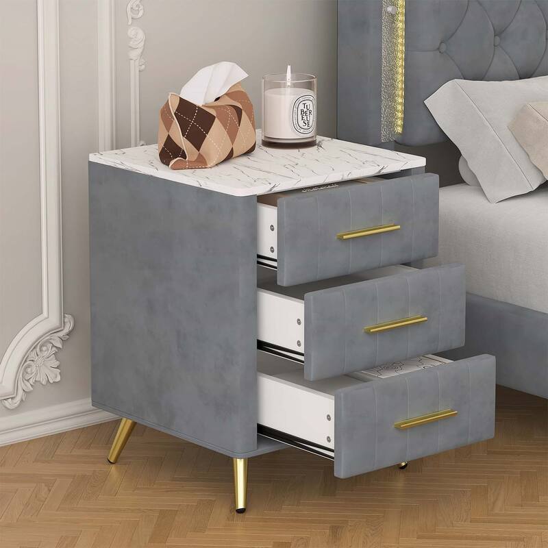 Stylish Design Upholstered Nightstand with 3 Drawers and Metal Legs & Handles - Grey