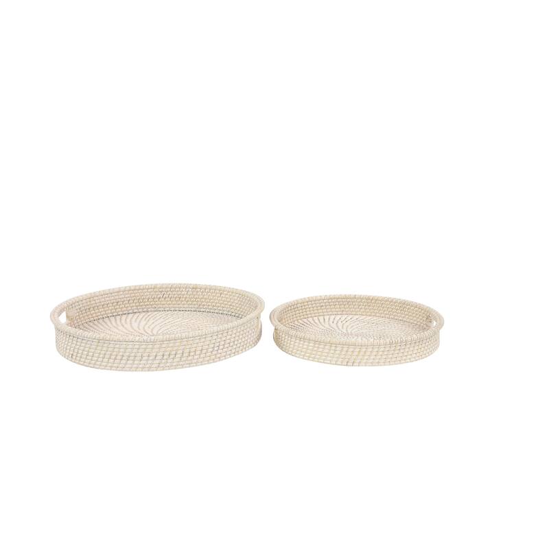 Cream Rattan Living Room Decor Tray with Slot Handles (Set of 2) - 20 x 20 x 3Round