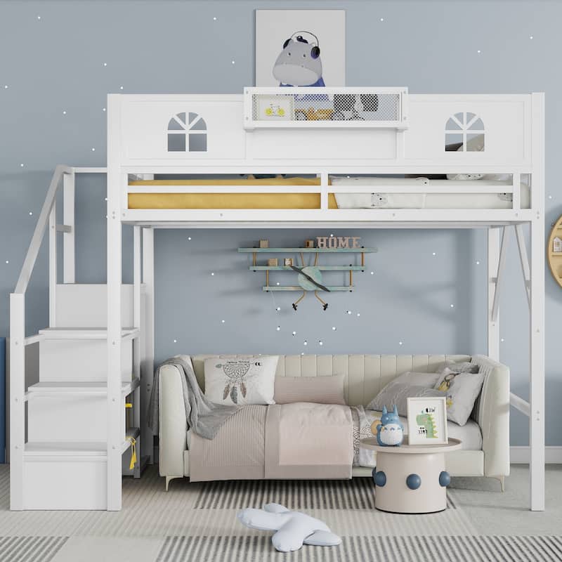 White High Loft Bed Frame with Storage Stairs and Wardrobe, Loft Metal Frame Bed with High House Shaped Guardrails for Kid Teens