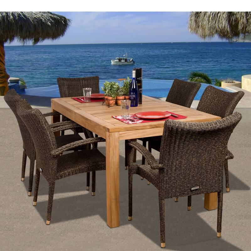 7-Piece Brown Brussels Teak Rectangular Outdoor Patio Dining Set 63"