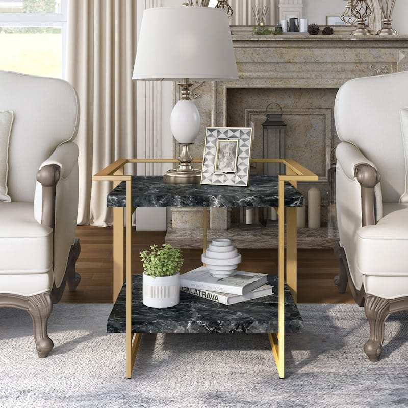 Lovell Glam Gold and Black 27-inch Faux Marble 1-Shelf Side Table by Furniture of America