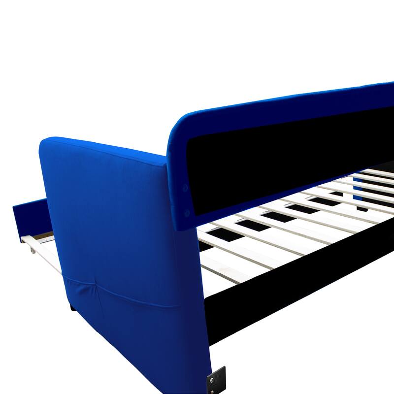 Blue Twin Size Velvet Daybed with Trundle and Tufted Backrest