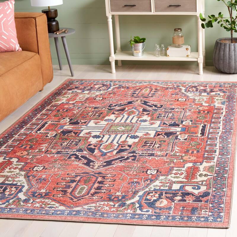 SAFAVIEH Serapi Liller Traditional Machine Washable Cotton Rug - 6'7" Square - Rust/Navy