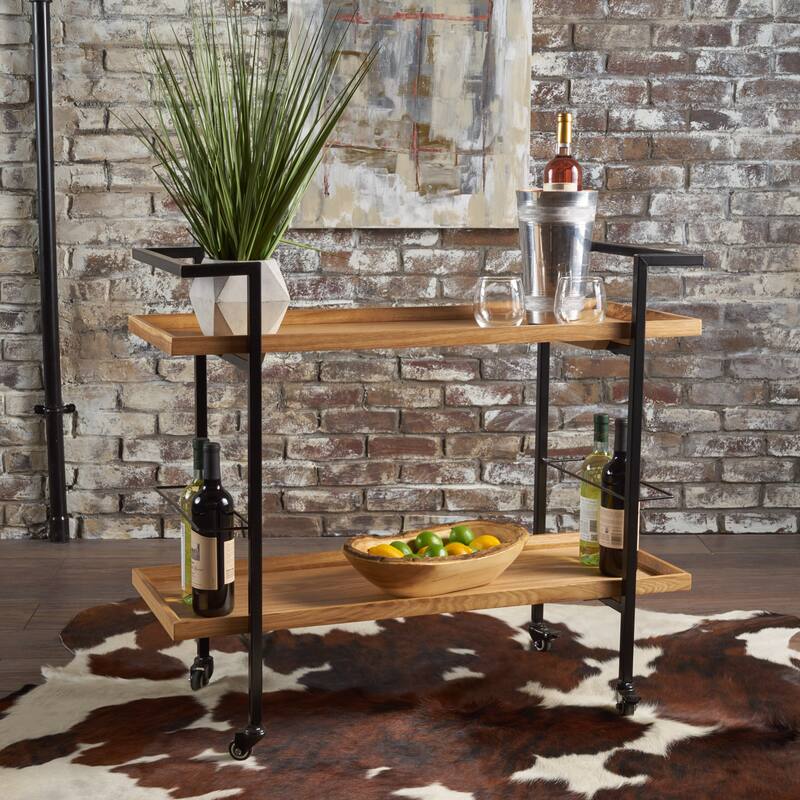 Roomfitters Modern Industrial Bar Cart with Rolling Casters and Wine Bottle Holders, Natural