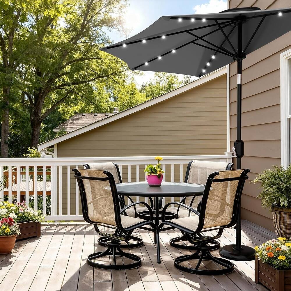 9FT Half Patio Umbrella with Smooth Crank Lift, Shade Canopy for Patio, Backyard, Garden with LED Lights (No Base)