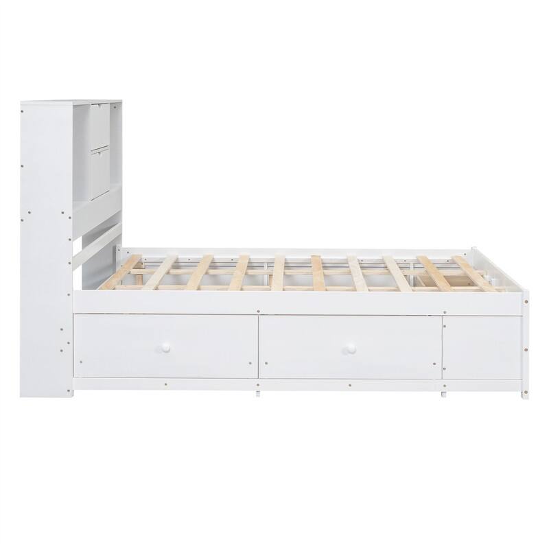 Queen/King Size Captain Bed with Storage Bookcase Headboard, Solid Wood Platform Bed Frame with 8 Storage Drawers and Slats