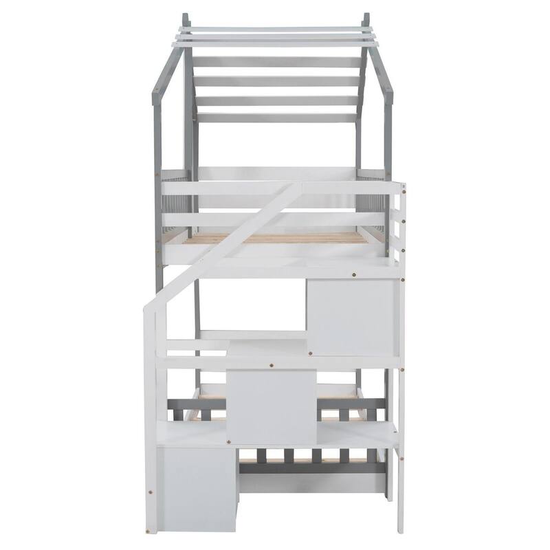 Stairway Twin-Over-Twin Bunk Bed, House Bed with Storage and Guard Rail, Natural Finish