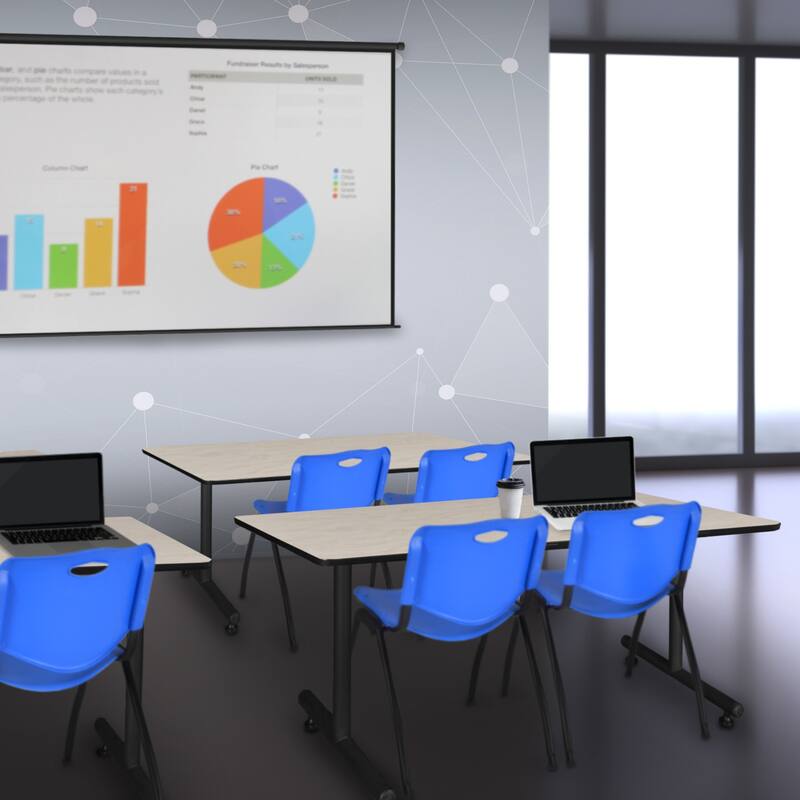 48" x 24" Training Table- Maple & 2 'M' Stack Chairs- Blue - 48 x 24 inches