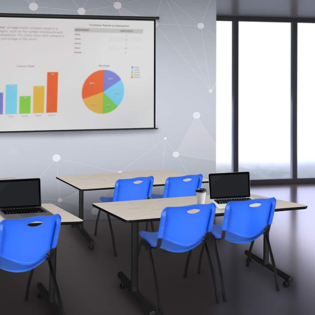 48" x 24" Training Table- Maple & 2 'M' Stack Chairs- Blue - 48 x 24 inches