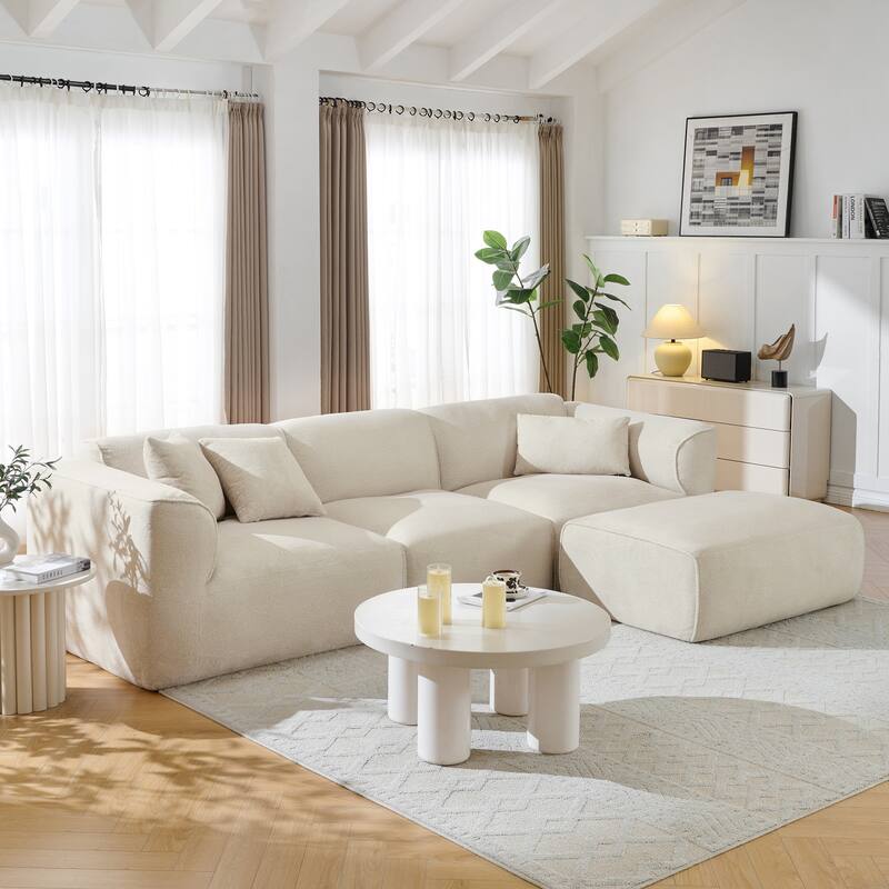 Roomfitters Double-needle Cut Velvet Sofa, 4-Seater Modern Modular Sectional Couch with Movable Ottoman for Living Room
