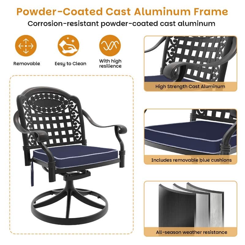 5-Piece Aluminum Round Outdoor Patio Dining Set, 4 Cushioned Swivel Chairs, Table, All-Weather Frames