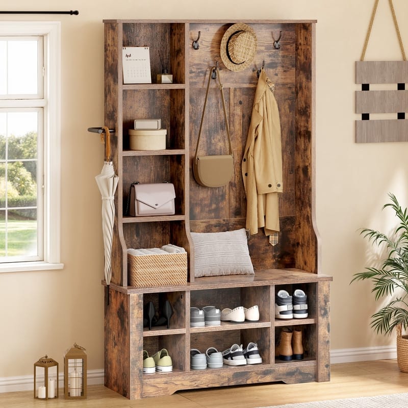 Moasis Farmhouse Hall Tree with Bench and Shoe Storage with 10 Hooks for Entryway - 39 Inch - Rustic Brown