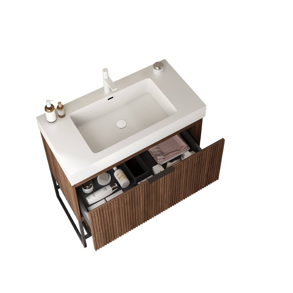 GDFStudio - Yolan Freestanding Wood Bathroom Cabinet with Open Towel Shelf, WITHOUT Basin