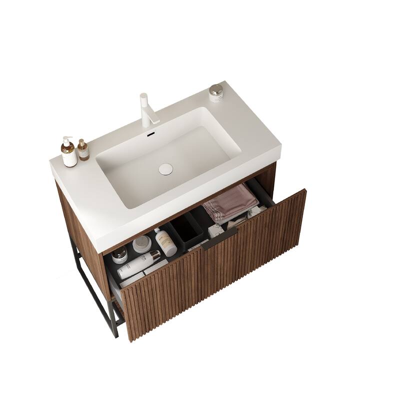 GDFStudio - Yolan Freestanding Wood Bathroom Cabinet with Open Towel Shelf, WITHOUT Basin