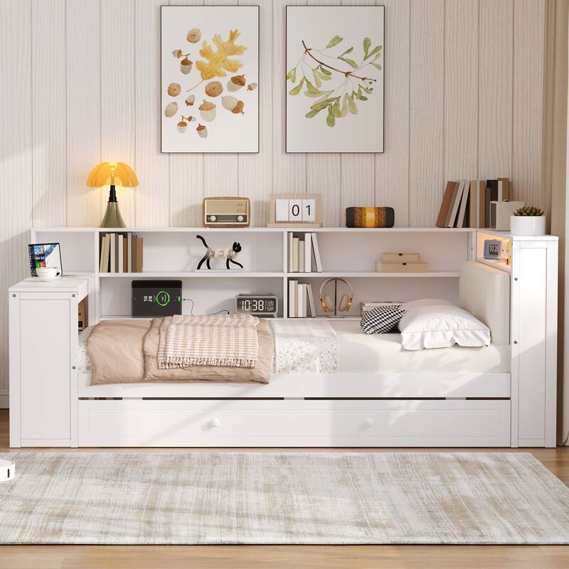 Daybed with Desk & Trundle Storage Bookcase Daybed with Socket and LED