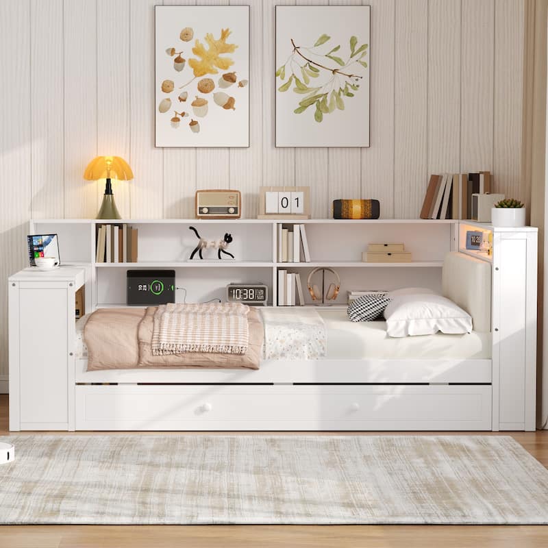 Wood Daybed with Desk, LED Upholstered Headboard, Storage Shelves Built-in Charging Station, Optional Drawers or Trundle