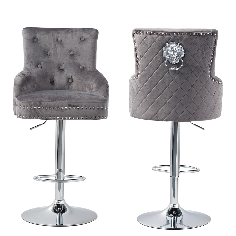 Tufted Velvet Barstool Adjustable Lift with Lion Knocker High Back