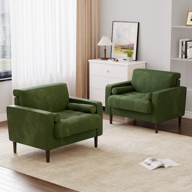 Modern Upholstered Accent Chairs, Corduroy Wide Armchairs For Living Room - Set of 2 - Green/Set