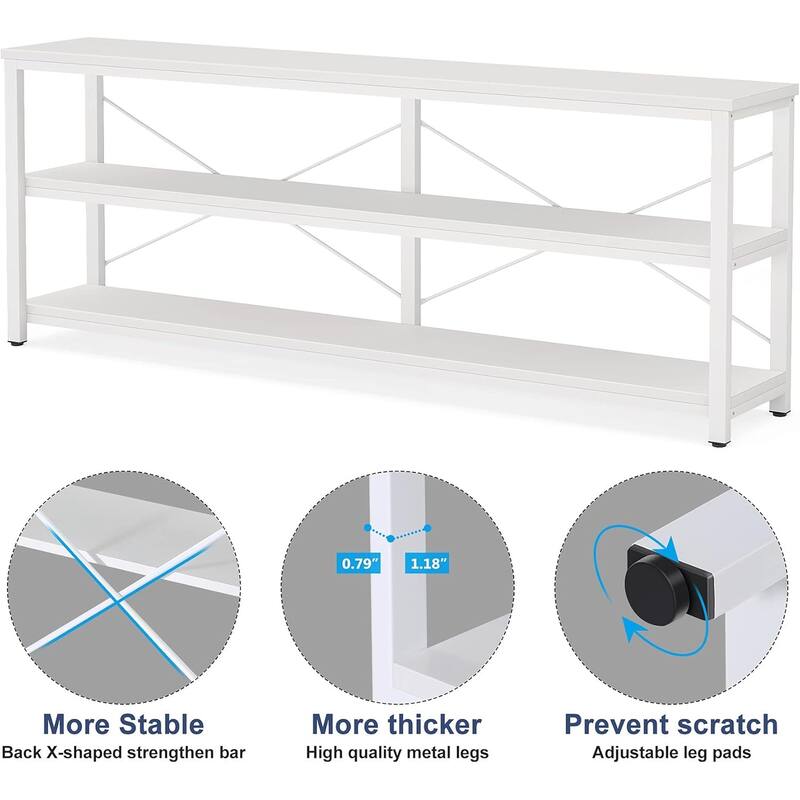 White MDF Sofa Console Table with Metal Legs and 3 Open Shelves - 70.87” L x 11.81” W x 35.83” H