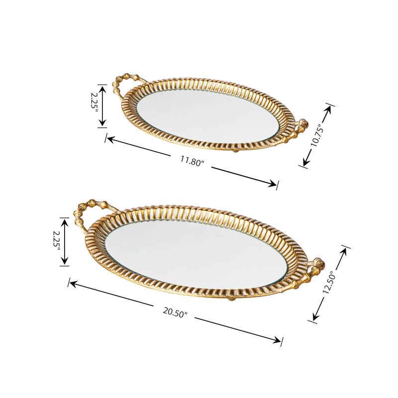 Glitzhome Set of 2 Modern Gold Floral Pattern Mirrored Decorative Trays with Handles