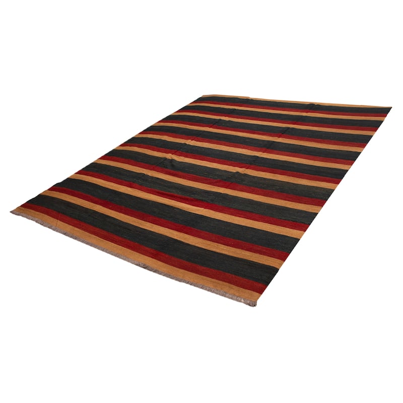 ECARPETGALLERY Flat-Weave Natural Navy, Red Wool Tapestry Kilim - 10'0 x 12'0
