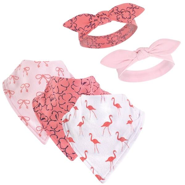 slide 1 of 1, Yoga Sprout Baby Girl Cotton Bandana Bibs and Headbands 5pk, Flamingo, One Size - Flamingo - One Size One Size - Flamingo