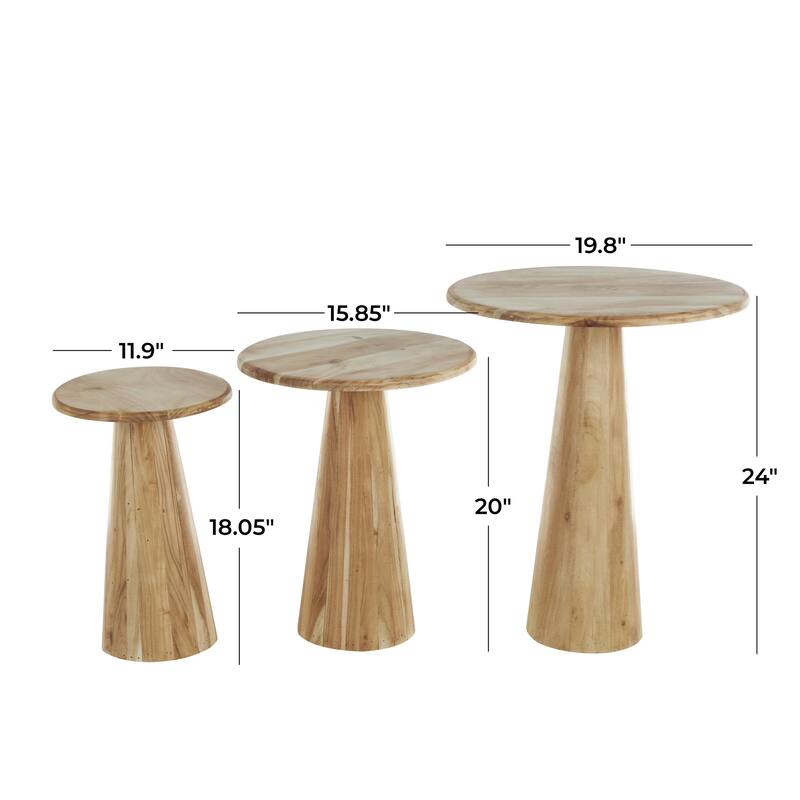 Wood Side End Accent Table with Natural Wood Grains and Cone Shaped Bases - Set of 3 Light Brown or Brown - Roche River Decor