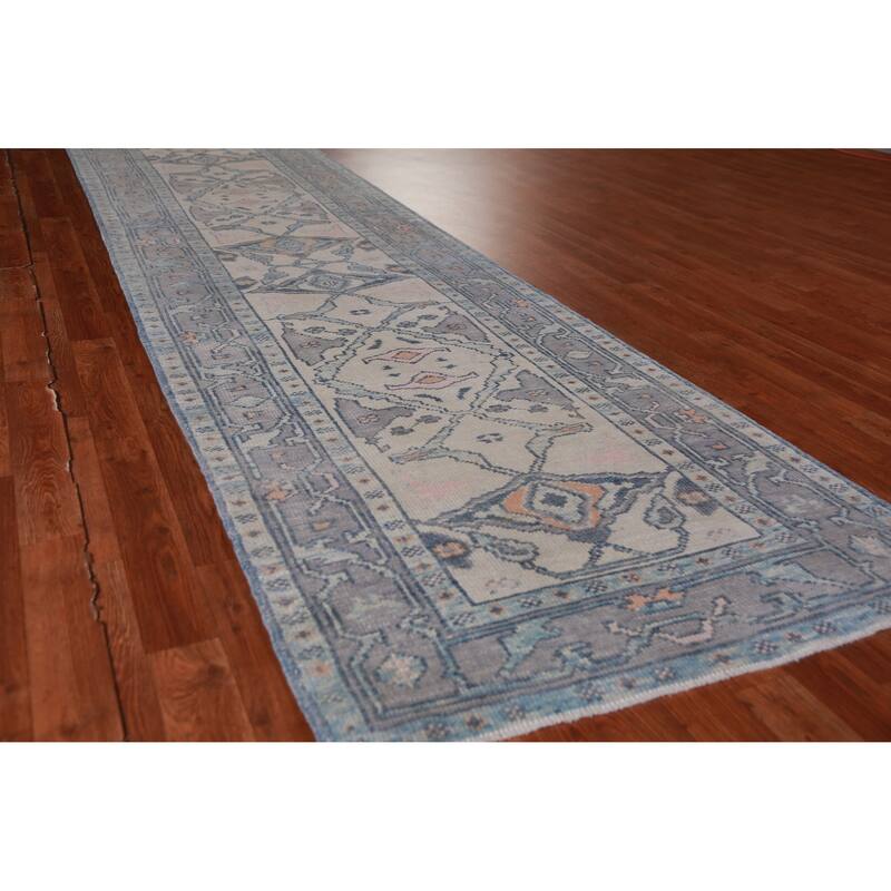 Hand Knotted Oriental 100% Wool Carpet Transitional Geometric Beige & Ivories Oushak Runner Rug - 14' 11'' X 3' 2''