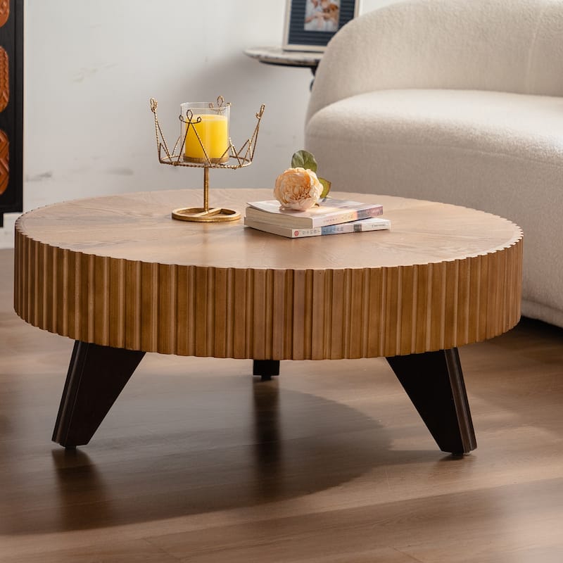 35.4 Inch Retro Round Coffee Table Multifunctional Coffee Table with 3 Solid Wood Legs for Living Room, Brown