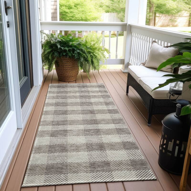 Machine Washable Indoor/ Outdoor Chantille Plaid Stripe Rug - Taupe - 2'3" x 7'6"