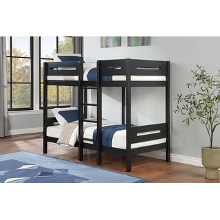Black Twin over Twin Size Solid Wood Bunk Bed with Ladder and Fence for Kids, Boys and Girls, Bedroom