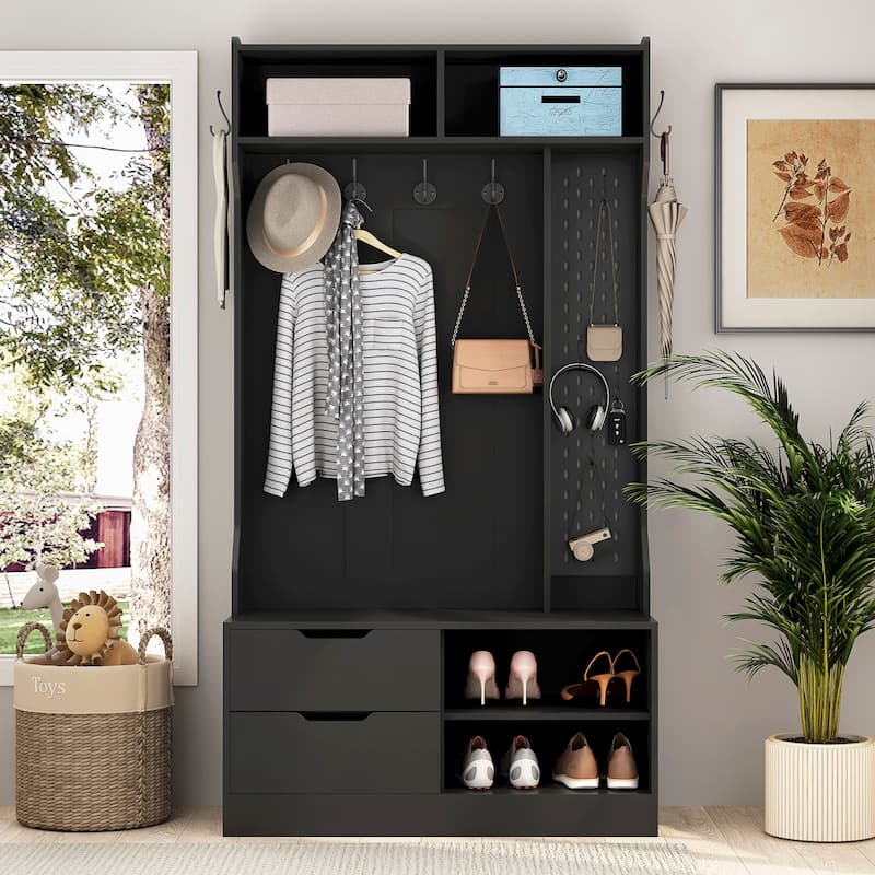 Roomfitters Hall Tree with 6 Hooks & Pegboard, Entryway Bench with Shoe Storage Organizer, Modern Coat Rack & Drawers, Black