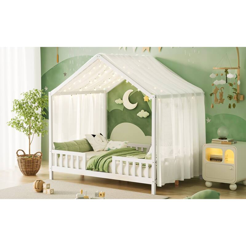 House-Shaped Full Bed Frame with Canopy and Railings for Kids, White