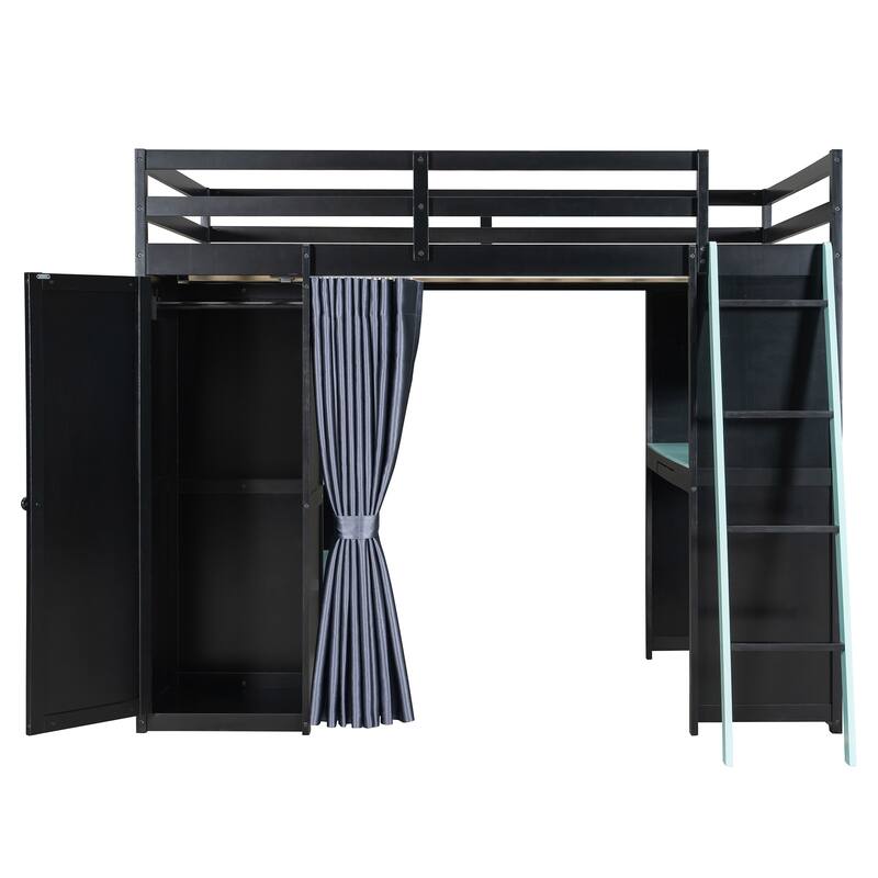 All-in-One Loft Bed Full Size Bedframe with Wardrobe, Shelves, Blackout Curtains, Pegboard, Charging Station and RGB Light Strip