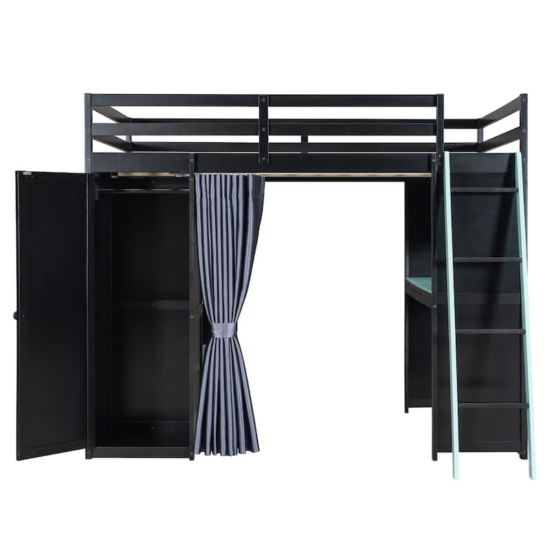 Full Size Wood Loft Bed with Wardrobe, Shelves, Blackout Curtains and RGB Lighting