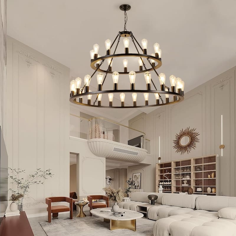 52"Extra Large Wagon Wheel Chandelier, 2 Tier 36-Lights Round High Ceiling Pendant Light Adjustable Chain